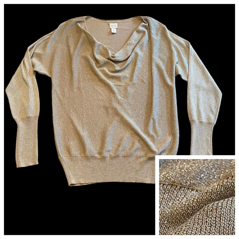 Chicos Womens Lurex Cowl Neck Long Sleeve Top Blouse Shimmer Stretch Sz 2/M